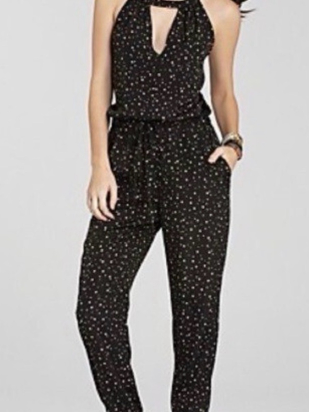 BCBGeneration Black Halter Keyhole Printed Jumpsuit
